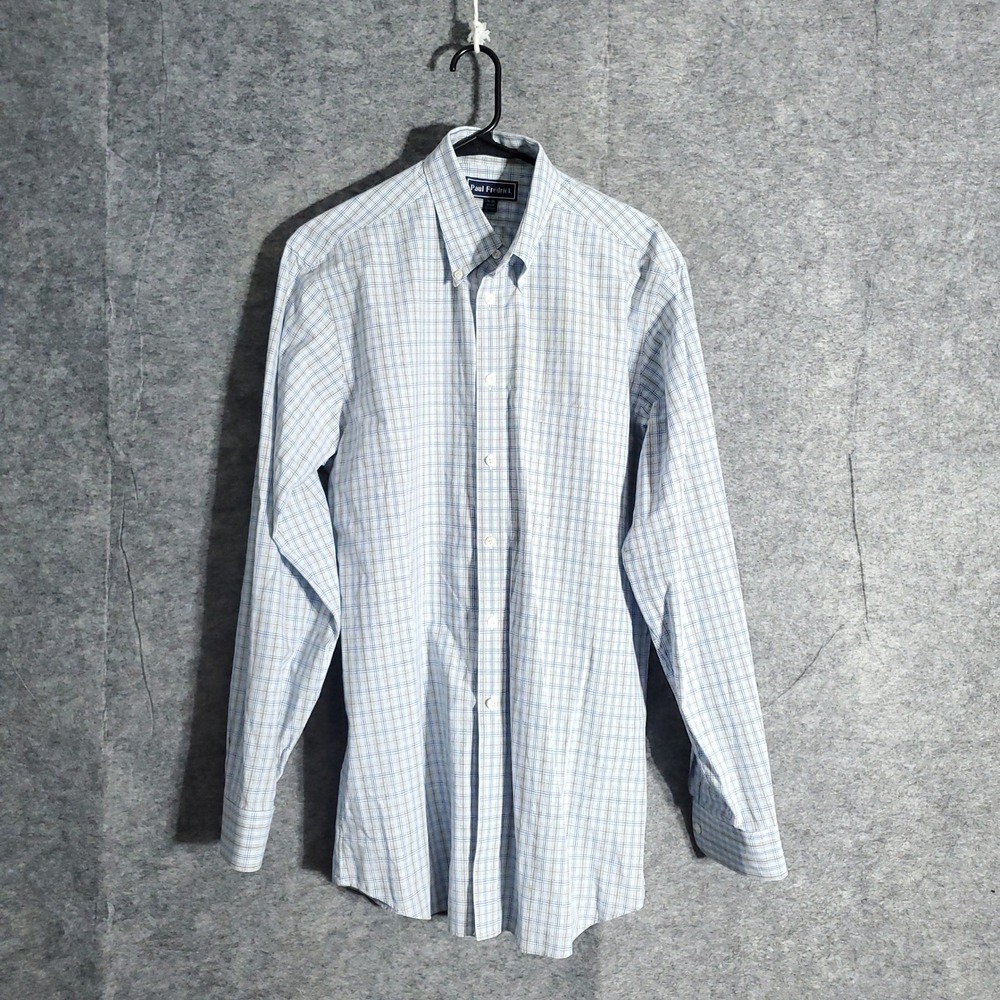 Paul Fredrick Shirt Mens 16 35 Blue Plaid Trim Fit Button Down Dress Long Check